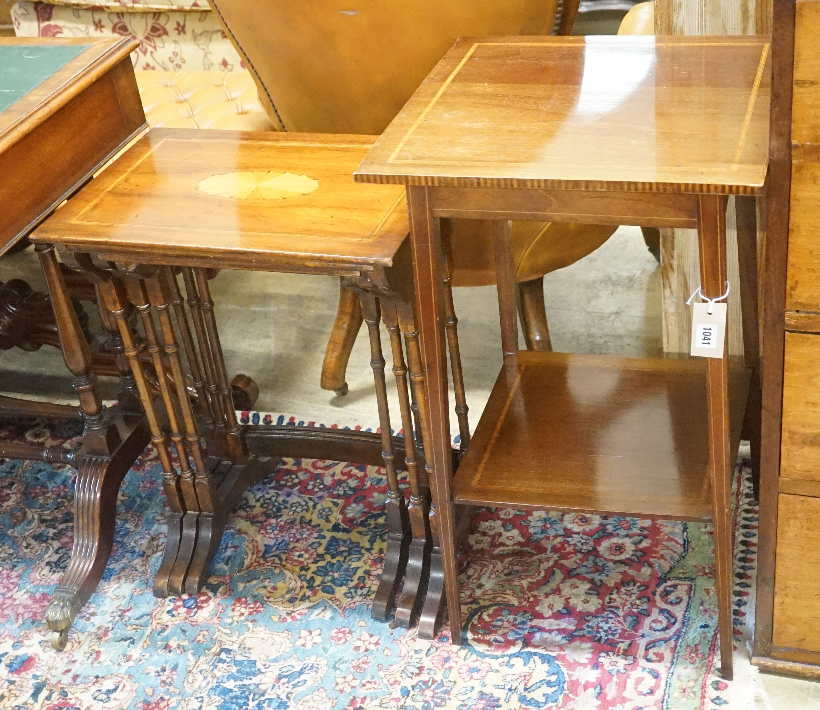 An Edwardian satinwood banded two tier occasional table, wdith 43cm depth 43cmm height 72cm, together with a nest of three inlaid mahogany tea tables